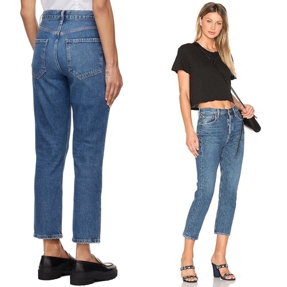 AGOLDE 90s High Rise Medium Wash Denim Button Fly Ankle Crop Straight Jeans 27 - Picture 2 of 13